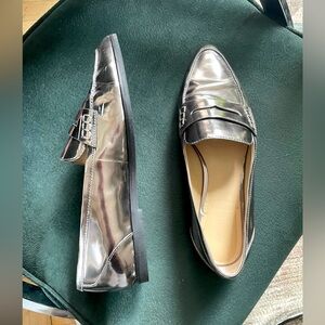 Silver metallic patent leather loafers